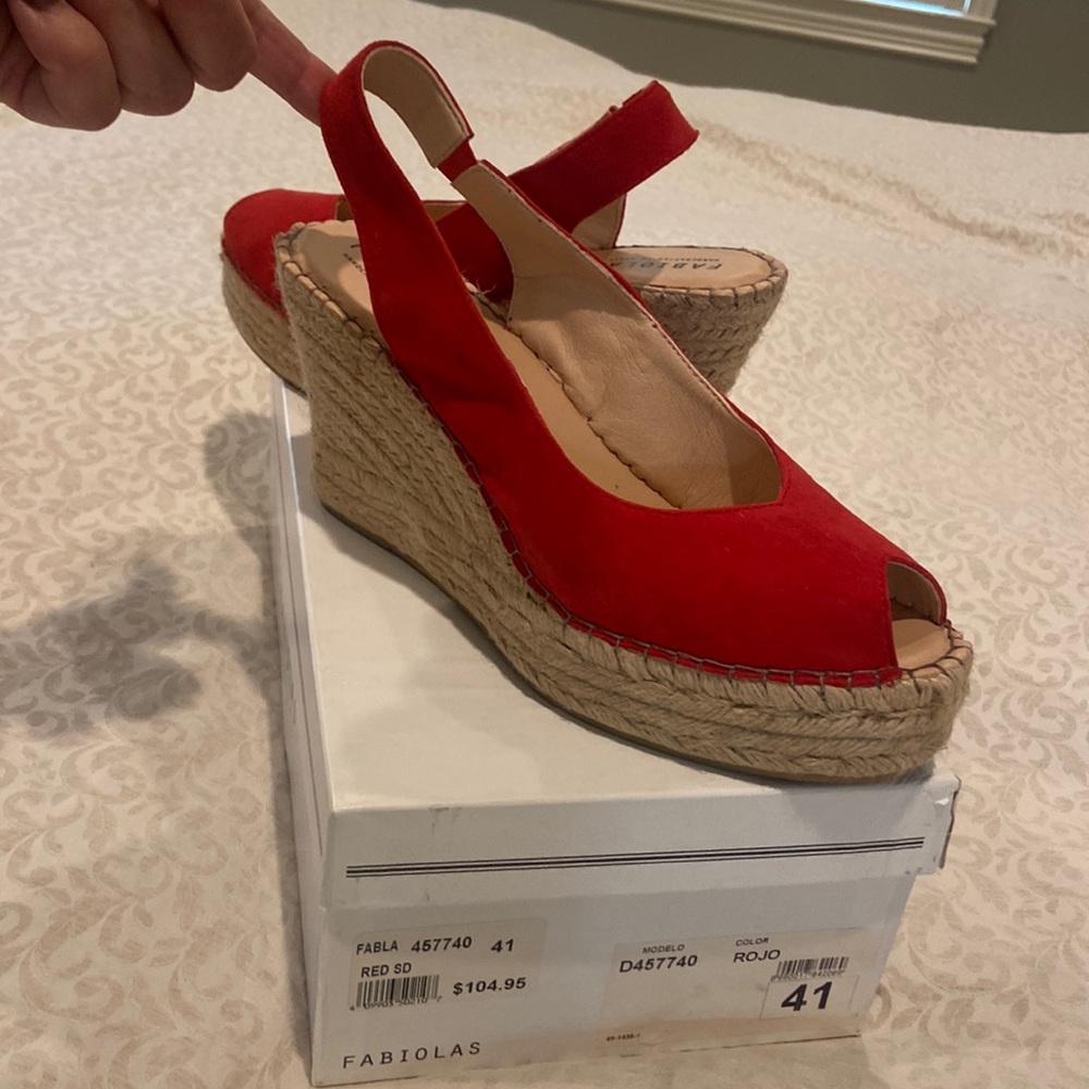 Fabiola’s red suede wedge shoes purchased at Lori’s in Chicago